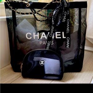 CHANEL mesh tote w/ makeup bag